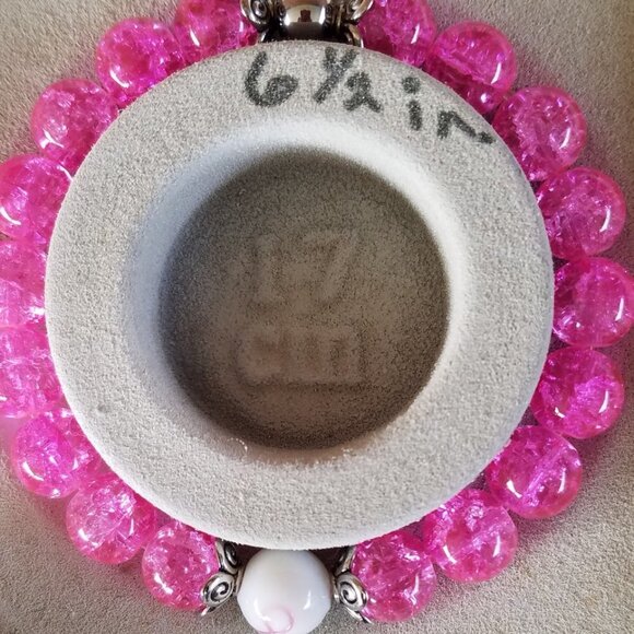 Hand Crafted Pink Breast Cancer Awareness Bracelet Crackle Beads Stretch - Picture 5 of 7